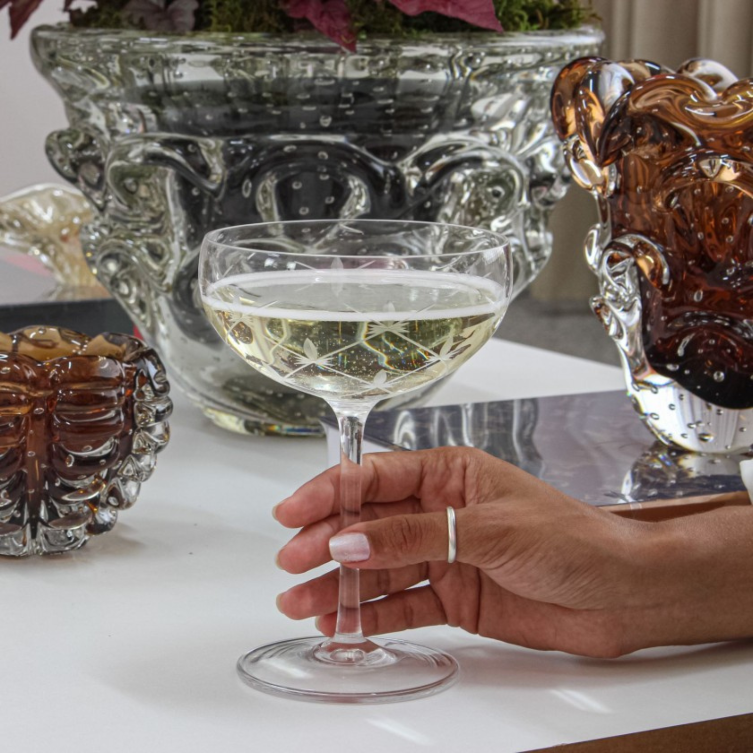 Jogo de 6 Taças de Cristal Coupé Copacabana para Champagne Lapidado 19 Mozart Crystal By Frederico Strauss